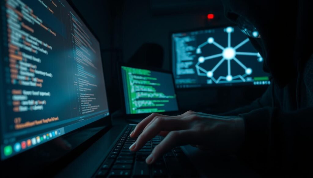 A dimly lit room, the glow of a computer screen reflecting on a hacker's face as they carefully type commands. In the foreground, a hand reaches for a keyboard, fingers poised to steal a session token - the digital key that grants access without a password. The background hints at the larger scope of the attack, with lines of code scrolling across multiple screens and a network diagram mapping the infiltration path. The atmosphere is tense, with shadows and muted colors conveying the illicit nature of the operation. The scene captures the essence of a machine-based route to bypass 2FA, from the theft of session tokens to the potential for passwordless abuse.