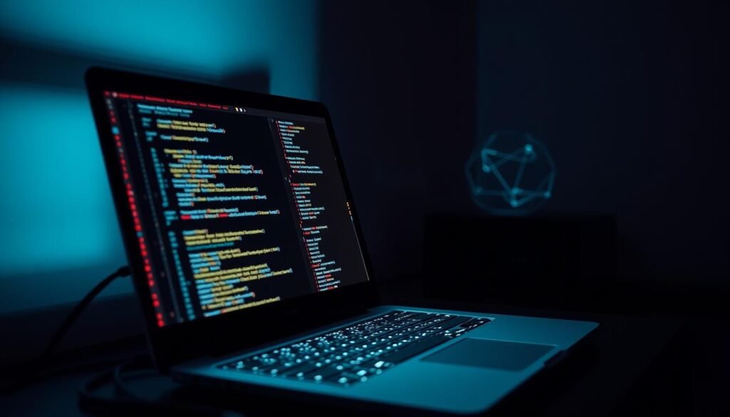 A dimly lit room, the glow of a laptop screen casting shadows on the walls. On the screen, lines of code and network diagrams illustrate the insidious process of SSL stripping, a hacker's tool for intercepting secure connections. The scene evokes a sense of unease, the illusion of safety shattered by the revelation of this real-world vulnerability. The image captures the technical details and the ominous atmosphere of this cybersecurity threat, serving as a powerful visual aid to the article's examination of this critical security issue.