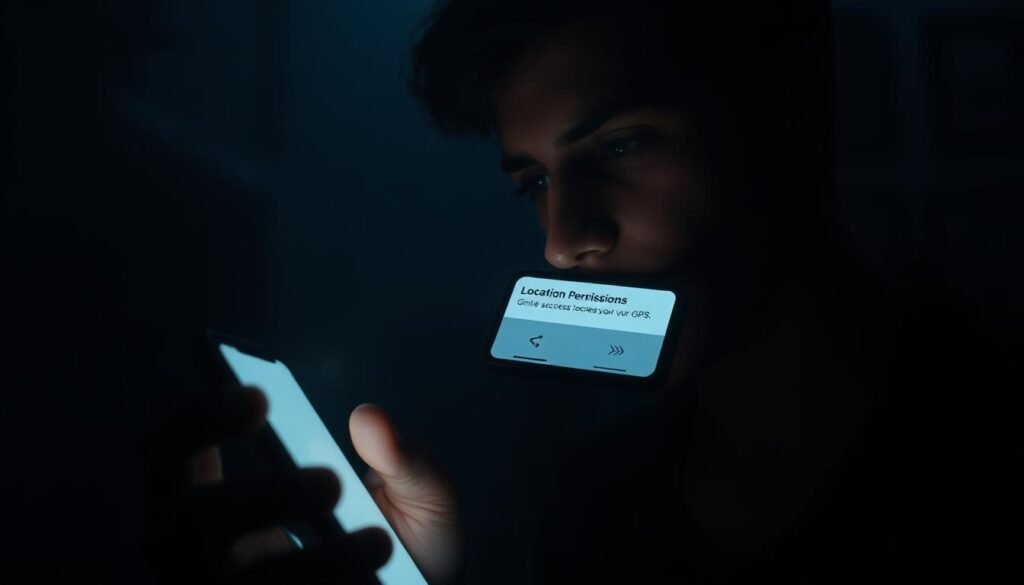 A dimly lit room, the soft glow of a smartphone screen illuminating a person's face. The phone's location permissions dialog box hovers in the foreground, prompting the user to grant access to their GPS. The background is hazy, with a sense of unease and uncertainty. The lighting is dramatic, casting shadows that add depth and a sense of mystery to the scene. The camera angle is slightly low, giving the viewer a sense of the user's perspective as they grapple with the decision to share their location. The mood is one of caution and contemplation, reflecting the subject matter of the article.