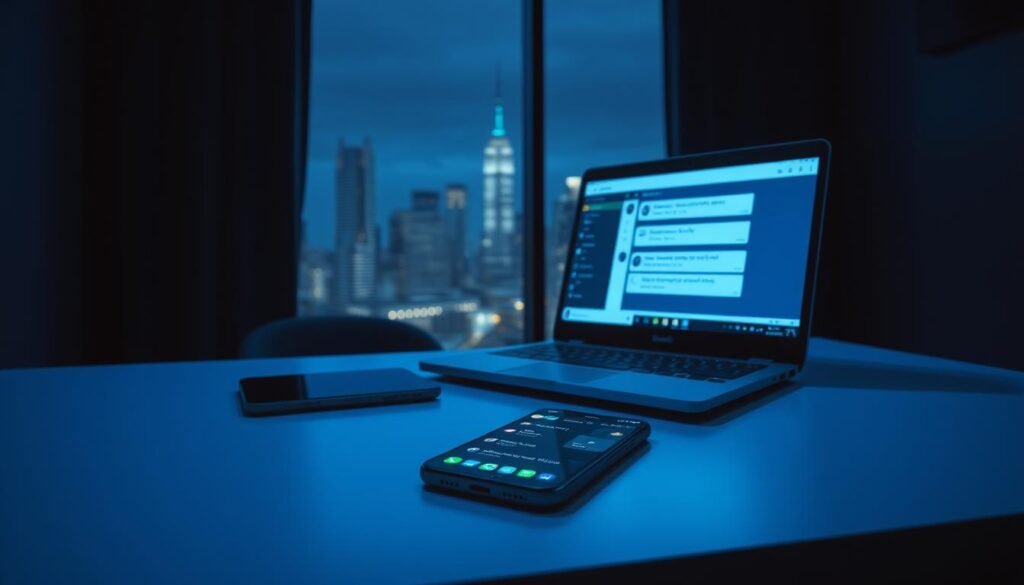 A dimly lit room, with a sleek and modern desk in the foreground. On the desk, a smartphone and a laptop, both displaying encrypted messaging interfaces. The room is bathed in a soft, blue-tinged lighting, creating an atmosphere of privacy and security. In the background, a city skyline can be seen through the window, hinting at the broader context of the scene. The overall composition conveys a sense of technological sophistication and the importance of secure communication in the digital age.