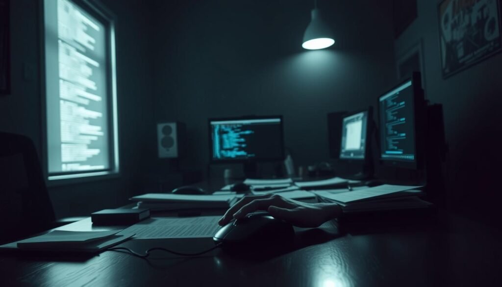 A dimly lit room with an imposing desk, its surface scattered with documents, computer screens, and an ergonomic mouse. The user's hands, fingers poised in thought, are the focal point, conveying a sense of intent and analysis. Shadows cast from a single overhead light create a pensive atmosphere, hinting at the scope and gravity of the user's work. The background is obscured, yet suggests a sense of isolation and focus, as if the user is lost in the intricacies of their digital domain. The scene exudes an air of concentration and dedication, reflecting the mindset of one who delves into the psyche of the malware author. A dimly lit room with an imposing desk, its surface scattered with documents, computer screens, and an ergonomic mouse. The user's hands, fingers poised in thought, are the focal point, conveying a sense of intent and analysis. Shadows cast from a single overhead light create a pensive atmosphere, hinting at the scope and gravity of the user's work. The background is obscured, yet suggests a sense of isolation and focus, as if the user is lost in the intricacies of their digital domain. The scene exudes an air of concentration and dedication, reflecting the mindset of one who delves into the psyche of the malware author.