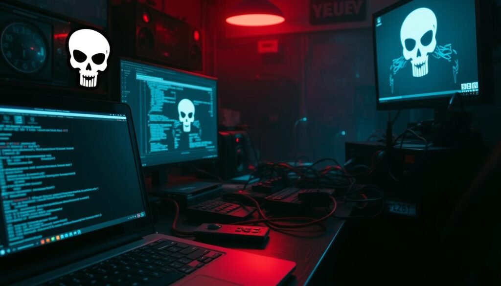 A dimly lit room with various hacking tools and techniques scattered across a cluttered desk. In the foreground, a laptop screen displays a terminal window with lines of code, while a stylized skull icon hovers ominously. In the middle ground, a tangle of wires and electronic devices suggests the methodical work of a skilled red team operative. The background is shrouded in shadows, hinting at the clandestine nature of their activities. The scene is illuminated by the soft glow of monitors, creating an atmosphere of focused intensity and calculated malice.