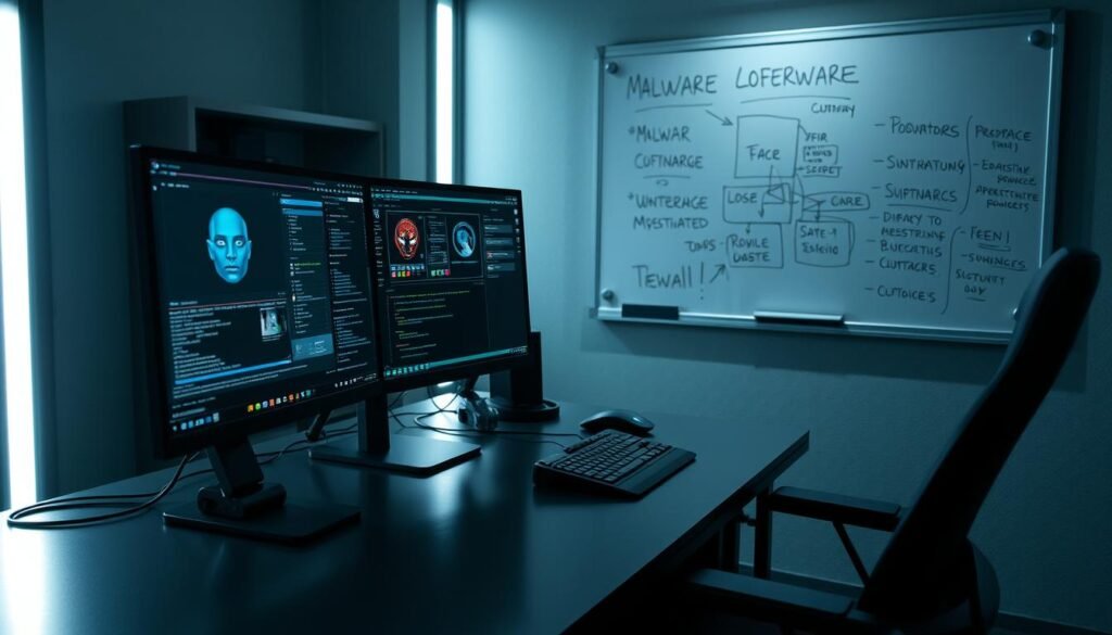 A dimly lit, secure workspace for malware analysis, featuring a sleek, modern desktop computer setup with multiple high-resolution monitors displaying various diagnostic tools and virtual environments. The desk is clutter-free, with a sophisticated keyboard and mouse, and a professional-grade webcam. In the background, a large whiteboard with scribbled notes and diagrams, indicating an active investigation. The lighting is subdued, creating a focused, serious atmosphere, with soft shadows cast across the scene. The overall impression is one of a well-equipped, meticulously organized laboratory dedicated to the safe and thorough examination of malicious software.