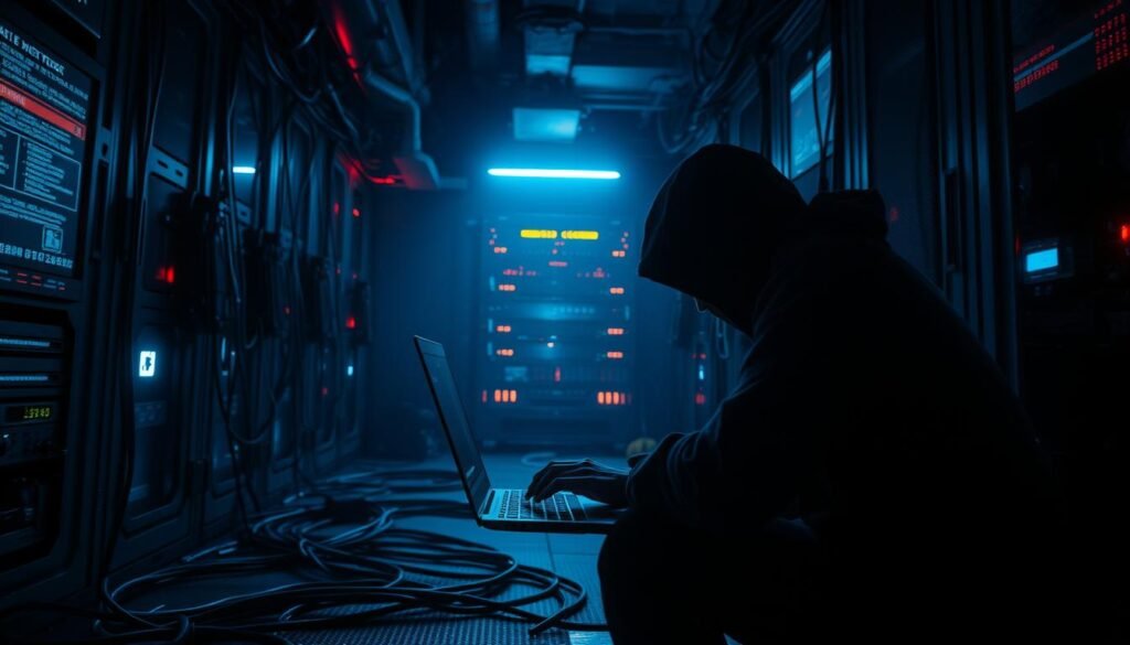 A dimly lit server room, cables snaking across the floor, flickering displays casting an eerie glow. In the foreground, a figure hunched over a laptop, fingers flying across the keyboard as they breach security layers, probing for vulnerabilities. The background shrouded in shadows, suggesting the unseen, the hidden - the methods used to gain initial access. Crisp, realistic lighting, a moody, tension-filled atmosphere, and a focus on the act of infiltration, capturing the essence of "Common Methods Used to Gain Initial Access". A dimly lit server room, cables snaking across the floor, flickering displays casting an eerie glow. In the foreground, a figure hunched over a laptop, fingers flying across the keyboard as they breach security layers, probing for vulnerabilities. The background shrouded in shadows, suggesting the unseen, the hidden - the methods used to gain initial access. Crisp, realistic lighting, a moody, tension-filled atmosphere, and a focus on the act of infiltration, capturing the essence of "Common Methods Used to Gain Initial Access".