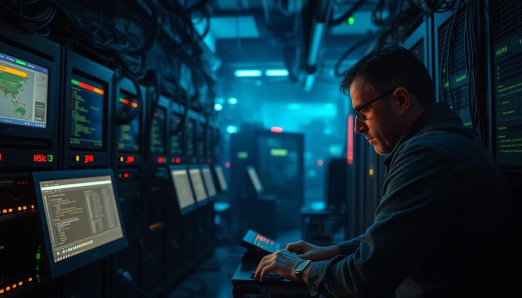 A dimly lit server room, cables snaking across the floor, flickering displays casting an eerie glow. In the foreground, a security analyst hunches over a keyboard, brow furrowed in concentration, surrounded by a maze of monitoring tools and dashboards. The background is hazy, filled with the faint outlines of firewalls, IDS/IPS systems, and other detection mechanisms, their complexity a testament to the challenges facing the detection engineer. The scene conveys the high-stakes, high-pressure environment where detection engineers must navigate a constantly evolving threat landscape, balancing proactive defense with the need to rapidly identify and respond to emerging attacks. A dimly lit server room, cables snaking across the floor, flickering displays casting an eerie glow. In the foreground, a security analyst hunches over a keyboard, brow furrowed in concentration, surrounded by a maze of monitoring tools and dashboards. The background is hazy, filled with the faint outlines of firewalls, IDS/IPS systems, and other detection mechanisms, their complexity a testament to the challenges facing the detection engineer. The scene conveys the high-stakes, high-pressure environment where detection engineers must navigate a constantly evolving threat landscape, balancing proactive defense with the need to rapidly identify and respond to emerging attacks.