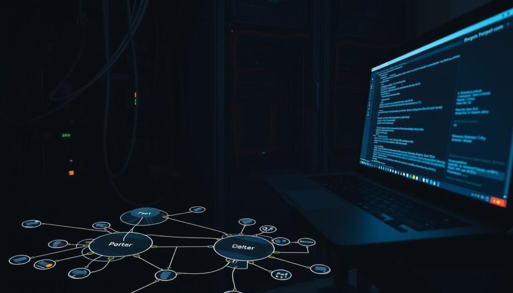 A dimly lit server room, cables snaking across the floor. A laptop screen displays a terminal window, the cursor blinking as a user types a series of commands. The air hums with the gentle whir of cooling fans. In the foreground, a network diagram is visible, illustrating the flow of data through various ports. The scene conveys a sense of technical expertise, with the user methodically probing the network, searching for vulnerabilities. The lighting is moody, with shadows cast by the equipment, creating an atmosphere of focused intensity. The angle is slightly elevated, giving the viewer a bird's-eye perspective on the unfolding investigation. A dimly lit server room, cables snaking across the floor. A laptop screen displays a terminal window, the cursor blinking as a user types a series of commands. The air hums with the gentle whir of cooling fans. In the foreground, a network diagram is visible, illustrating the flow of data through various ports. The scene conveys a sense of technical expertise, with the user methodically probing the network, searching for vulnerabilities. The lighting is moody, with shadows cast by the equipment, creating an atmosphere of focused intensity. The angle is slightly elevated, giving the viewer a bird's-eye perspective on the unfolding investigation.