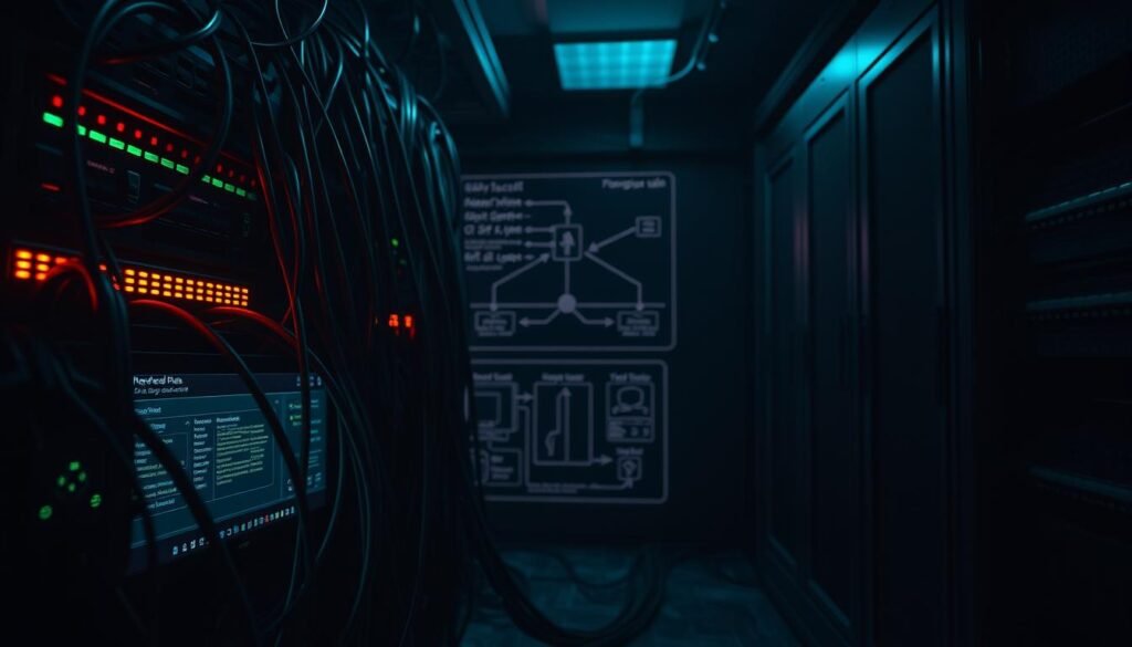 A dimly lit server room, cast in the eerie glow of blinking firewall hardware. Tangled cables and misaligned ports symbolize common misconfiguration issues. In the foreground, a firewall dashboard displays insecure rules and outdated software versions. The middle ground features a network diagram with arrows pointing to vulnerable access points. In the background, ominous shadows suggest the lurking threats of unprotected systems. The scene conveys the critical importance of thoroughly auditing and optimizing firewall settings to safeguard against cyber attacks.