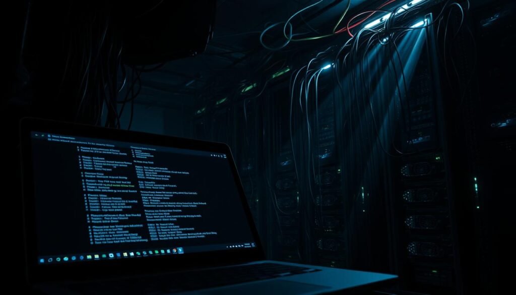 A dimly lit server room, crisscrossed with tangled cables and servers humming with activity. In the foreground, a laptop screen displays a command prompt, the cursor blinking as it traverses the file system, delving deeper into the directory structure. The background is shrouded in shadows, conveying a sense of unease and the potential for exploitation. Beams of light from the server racks cast an ominous glow, highlighting the intricate web of interconnected systems. The scene evokes the technical complexity and vulnerability inherent in directory traversal attacks, where an attacker can navigate the file hierarchy to access restricted resources.
