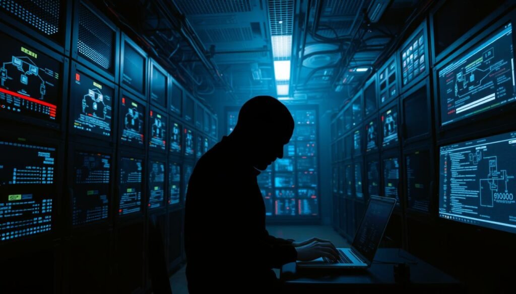A dimly lit server room, rows of blinking LED panels and monitors displaying intricate network diagrams and command prompts. In the foreground, a dark silhouetted figure hunched over a laptop, fingers flying across the keyboard as they orchestrate the movements of a vast botnet. The air is thick with the hum of cooling fans and the faint glow of the screens, creating an atmosphere of clandestine, high-stakes activity. Dramatic shadows and highlights sculpt the scene, emphasizing the tension and power of this central command and control hub that directs the malicious actions of the infected devices. The image conveys the sense of a vast, unseen network of compromised systems, all under the sway of a skilled cybercriminal.