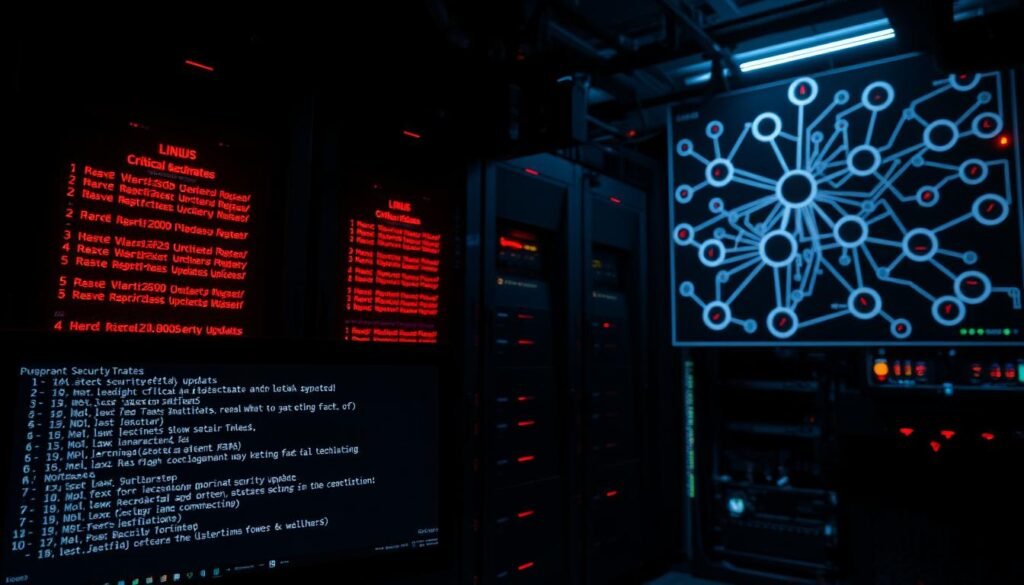 A dimly lit server room, servers flashing ominous red warnings. In the foreground, a Linux terminal displays a list of critical security updates, while a network diagram in the background highlights vulnerable connections. Ominous shadows cast by flickering lights convey a sense of unease. The scene evokes the potential risks of delaying important Linux security updates, underscoring the need for proactive measures to safeguard the system. A dimly lit server room, servers flashing ominous red warnings. In the foreground, a Linux terminal displays a list of critical security updates, while a network diagram in the background highlights vulnerable connections. Ominous shadows cast by flickering lights convey a sense of unease. The scene evokes the potential risks of delaying important Linux security updates, underscoring the need for proactive measures to safeguard the system.