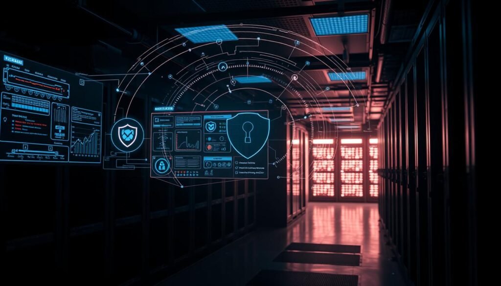 A dimly lit server room, shadows cast by the flickering glow of monitors. In the foreground, a sleek, minimalist container runtime interface, its holographic displays projecting security metrics and threat analysis. Surrounding it, a halo of abstract security protocols, firewalls, and intrusion detection systems, their interconnected lines and curves hinting at the complexity of modern container security. In the background, a network of servers and storage arrays, their blinking lights like the heartbeat of a digital fortress. The overall mood is one of vigilance, where technology and human expertise converge to safeguard the integrity of containerized applications. A dimly lit server room, shadows cast by the flickering glow of monitors. In the foreground, a sleek, minimalist container runtime interface, its holographic displays projecting security metrics and threat analysis. Surrounding it, a halo of abstract security protocols, firewalls, and intrusion detection systems, their interconnected lines and curves hinting at the complexity of modern container security. In the background, a network of servers and storage arrays, their blinking lights like the heartbeat of a digital fortress. The overall mood is one of vigilance, where technology and human expertise converge to safeguard the integrity of containerized applications.