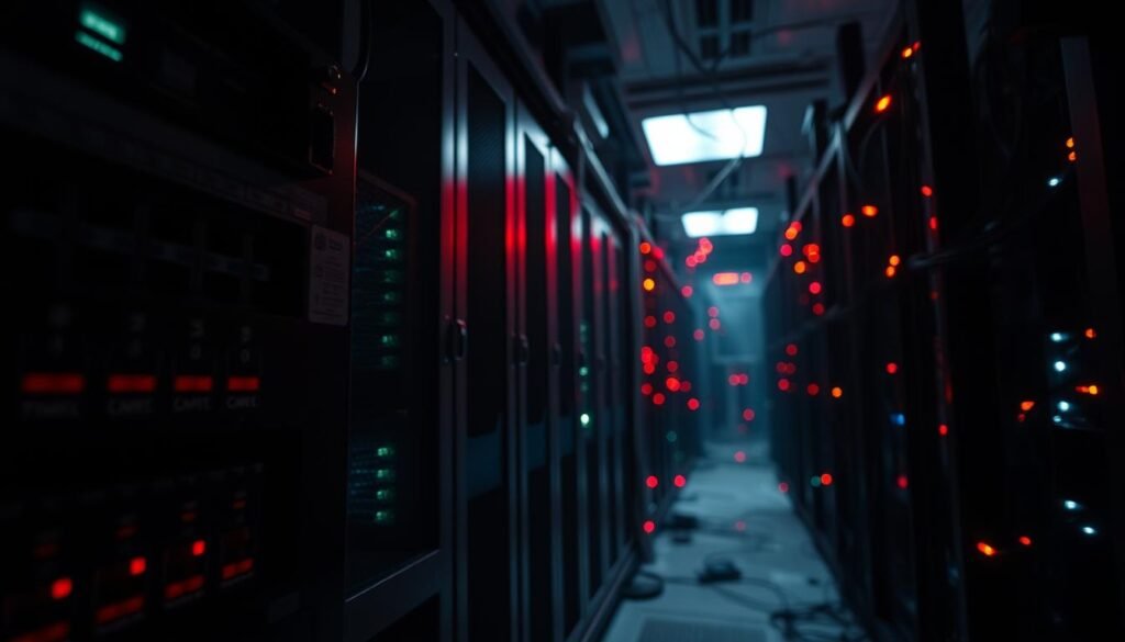 A dimly lit server room, shadows cast by the flickering lights. In the foreground, a network switch with exposed ports, vulnerability highlighted by a faint red glow. The middle ground showcases a server tower, its fans whirring, drawing attention to the exposed cable ports on the back panel. In the background, a maze of tangled wires and blinking LEDs, creating an ominous atmosphere of potential security risks. The scene is captured with a wide-angle lens, emphasizing the sense of unease and the need for vigilance in safeguarding critical infrastructure. A dimly lit server room, shadows cast by the flickering lights. In the foreground, a network switch with exposed ports, vulnerability highlighted by a faint red glow. The middle ground showcases a server tower, its fans whirring, drawing attention to the exposed cable ports on the back panel. In the background, a maze of tangled wires and blinking LEDs, creating an ominous atmosphere of potential security risks. The scene is captured with a wide-angle lens, emphasizing the sense of unease and the need for vigilance in safeguarding critical infrastructure.