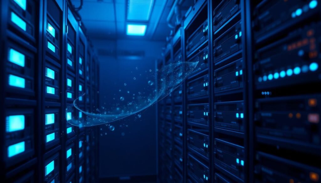 A dimly lit server room, shelves lined with sleek data storage devices. Soft blue LED lights cast a serene glow, illuminating the encrypted data at rest. Wispy data particles swirl around the equipment, representing the secure protection of sensitive information. The scene conveys a sense of digital safety and the importance of robust data encryption for mission-critical systems. The camera angle is slightly elevated, giving a comprehensive view of the secure setup. The overall mood is one of technological sophistication and the peace of mind that comes with properly safeguarding valuable data.