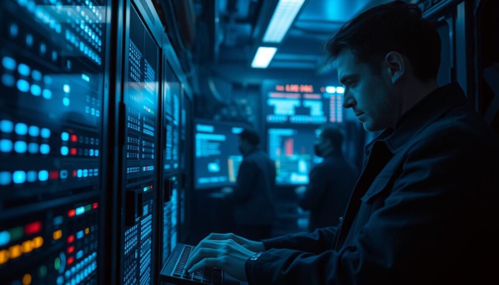 A dimly lit server room, the glow of LED indicators casting an eerie blue light. In the foreground, a security expert intently inspects a rack-mounted server, fingers dancing across the keyboard as they enforce a series of hardening controls. In the middle ground, a bank of monitors displays real-time security metrics, alerting the team to any anomalies. The background is shrouded in shadows, hinting at the complex web of interconnected systems that must be secured. The atmosphere is one of focused intensity, a sense of purpose and vigilance pervading the scene. A wide-angle lens captures the scene, emphasizing the scale and complexity of the task at hand. A dimly lit server room, the glow of LED indicators casting an eerie blue light. In the foreground, a security expert intently inspects a rack-mounted server, fingers dancing across the keyboard as they enforce a series of hardening controls. In the middle ground, a bank of monitors displays real-time security metrics, alerting the team to any anomalies. The background is shrouded in shadows, hinting at the complex web of interconnected systems that must be secured. The atmosphere is one of focused intensity, a sense of purpose and vigilance pervading the scene. A wide-angle lens captures the scene, emphasizing the scale and complexity of the task at hand.