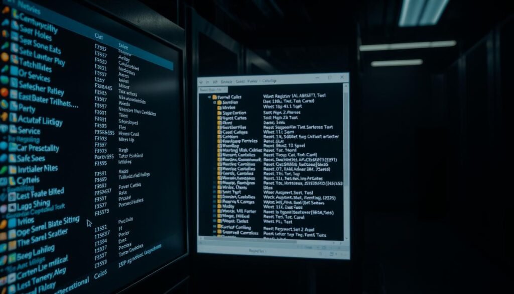 A dimly lit server room, the glow of a computer monitor illuminating a detailed view of the Windows Services panel. The foreground displays a scrolling list of running services, each with its own unique icon and description, hinting at the intricate web of processes powering the system. In the middle ground, the registry editor window is open, showcasing the complex hierarchy of startup entries that malware often abuses. The background fades into a shadowy atmosphere, emphasizing the importance of understanding these often overlooked autostart locations as potential entry points for malicious actors.