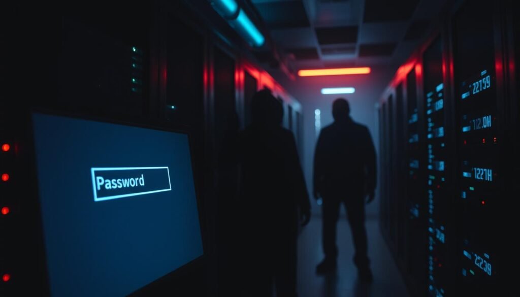 A dimly lit server room, the glow of blinking LEDs casting an eerie illumination. In the foreground, a computer screen displays a password entry field, the cursor blinking ominously. Shadowy figures lurk in the background, their forms obscured by the darkness, hinting at the unseen threats that lurk beyond the digital perimeter. The atmosphere is one of tension and unease, underscoring the importance of robust password security in an age of ever-evolving cyber threats. A dimly lit server room, the glow of blinking LEDs casting an eerie illumination. In the foreground, a computer screen displays a password entry field, the cursor blinking ominously. Shadowy figures lurk in the background, their forms obscured by the darkness, hinting at the unseen threats that lurk beyond the digital perimeter. The atmosphere is one of tension and unease, underscoring the importance of robust password security in an age of ever-evolving cyber threats.