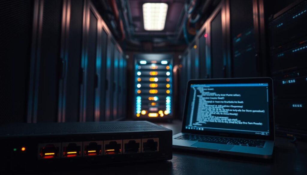 A dimly lit server room, the glow of blinking lights casting a soft hue across the scene. In the foreground, a network switch with several open ports, representing the potential vulnerabilities that need to be secured. The middle ground features a laptop display, showcasing a command-line interface with network diagnostics, highlighting the need for vigilance and proactive management. In the background, a rack of servers stands as a reminder of the critical infrastructure that must be protected. The atmosphere is one of cautious concern, underscoring the importance of addressing unnecessary port exposure to maintain a secure and reliable network. A dimly lit server room, the glow of blinking lights casting a soft hue across the scene. In the foreground, a network switch with several open ports, representing the potential vulnerabilities that need to be secured. The middle ground features a laptop display, showcasing a command-line interface with network diagnostics, highlighting the need for vigilance and proactive management. In the background, a rack of servers stands as a reminder of the critical infrastructure that must be protected. The atmosphere is one of cautious concern, underscoring the importance of addressing unnecessary port exposure to maintain a secure and reliable network.