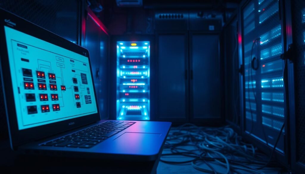 A dimly lit server room, the glow of blinking lights casting long shadows. In the foreground, an open laptop displays a network diagram, ports highlighted in red, signaling unnecessary exposure. The middle ground focuses on a server tower, its ports open and vulnerable, a glaring security risk. In the background, a tangled web of cables snakes across the floor, a visual metaphor for the complex and often overlooked nature of network security. The scene conveys a sense of unease, a cautionary tale about the dangers of neglecting basic server configuration and the importance of vigilance in maintaining a secure digital infrastructure. A dimly lit server room, the glow of blinking lights casting long shadows. In the foreground, an open laptop displays a network diagram, ports highlighted in red, signaling unnecessary exposure. The middle ground focuses on a server tower, its ports open and vulnerable, a glaring security risk. In the background, a tangled web of cables snakes across the floor, a visual metaphor for the complex and often overlooked nature of network security. The scene conveys a sense of unease, a cautionary tale about the dangers of neglecting basic server configuration and the importance of vigilance in maintaining a secure digital infrastructure.