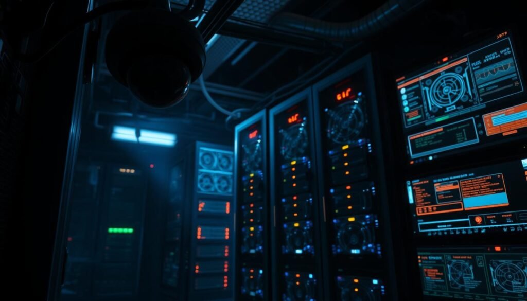 A dimly lit server room, the glow of blinking status lights casting long shadows. In the foreground, a lone security camera, its watchful lens scanning the space with unwavering vigilance. The middle ground is dominated by a towering rack of servers, their fans humming with the steady rhythm of data processing. In the background, a bank of monitors displays intricate network diagrams and security alerts, a testament to the unseen complexities that underpin our digital infrastructure. The atmosphere is one of unease, a sense of the fragility that lies beneath the surface of our seemingly robust systems. The image conveys the message that even the smallest oversight can have outsized consequences, a cautionary tale of the hidden vulnerabilities that lurk in the shadows of our most crucial technological safeguards.