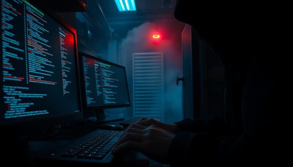 A dimly lit server room, the glow of computer screens casting eerie shadows. In the foreground, a hacker's hands rapidly typing on a keyboard, lines of code scrolling across the screen. In the middle ground, database tables and SQL queries displayed on multiple monitors, hinting at the nefarious activity. The background shrouded in an ominous atmosphere, conveying the gravity of a real-world SQL injection attack unfolding. Dramatic chiaroscuro lighting, high contrast, and a sense of urgency and danger permeate the scene.