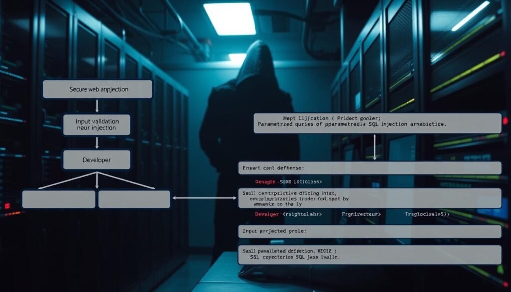 A dimly lit server room, the glow of monitors casting a soft light on the scene. In the foreground, a network diagram depicting secure web application architecture, with layers of defense against SQL injection attacks. In the middle ground, a developer intently typing code, carefully crafting input validation and parameterized queries. The background showcases a shadowy figure, representing the persistent threat of malicious SQL injection attempts, looming yet held at bay by the secure systems. The image conveys the technical complexities and vigilance required to protect web applications from the dangers of SQL injection, set against a moody, high-contrast environment.