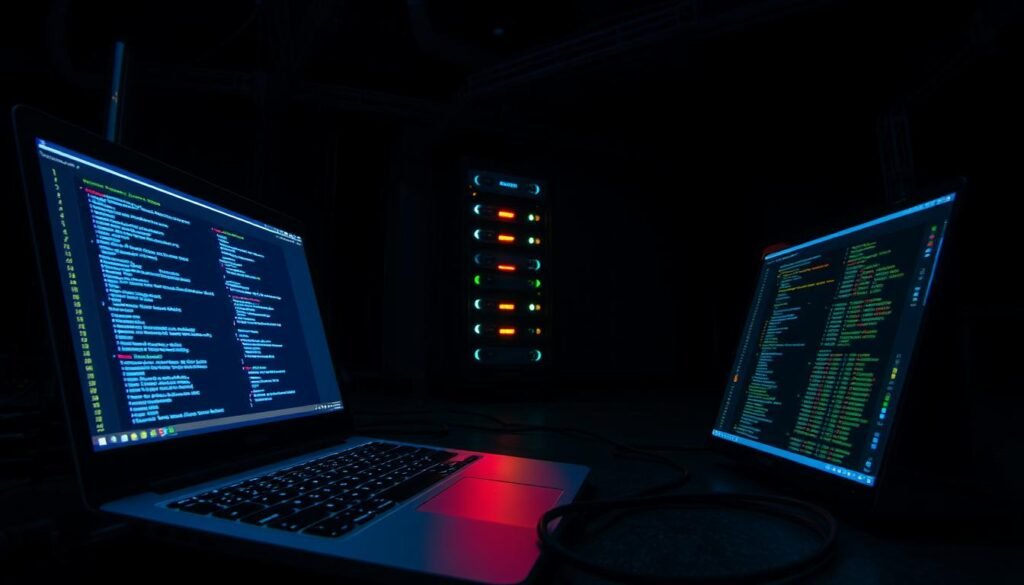 A dimly lit server room, the glow of monitors casting an eerie light on the scene. In the foreground, a laptop open, displaying code and diagnostic tools - the tools of a cybersecurity expert's trade. Cables snake across the floor, connecting the various servers and networking equipment. The middle ground features a rack of servers, their LED status lights blinking, hinting at the data and vulnerabilities they may hold. In the background, shadows and silhouettes of more equipment, suggesting the larger scale of the infrastructure being studied. The atmosphere is tense, with a sense of exploration and potential discovery, as the cybersecurity professional delves into the case study, uncovering the misconfigured servers and the lessons they hold.