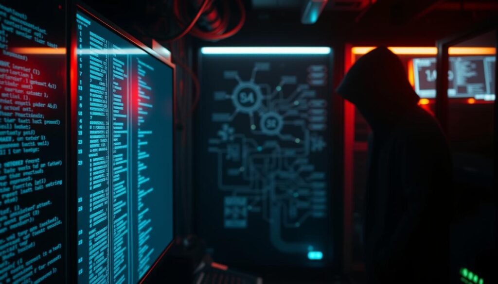 A dimly lit server room, the glow of monitors casting an eerie light. In the foreground, a command prompt flickers, lines of code cascading down the screen, hinting at the power of a command injection attack. The middle ground reveals a complex network diagram, cables snaking between devices, representing the interconnected systems vulnerable to such exploits. In the background, a looming, shadowy figure symbolizes the hacker, their presence felt but not fully revealed, orchestrating the intrusion. The scene conveys the technical complexity, the sense of control and the unseen danger inherent in command injection vulnerabilities.