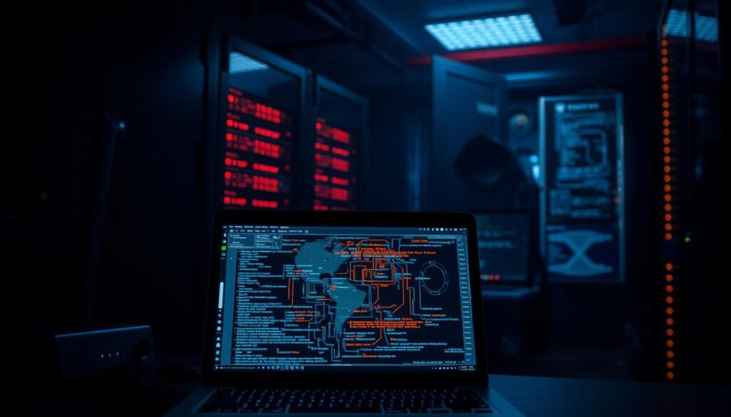 A dimly lit server room, the glow of monitors casting an eerie light. In the foreground, a laptop screen displays a complex visualization of network traffic, highlighting suspicious patterns indicative of a potential backdoor attack. The middle ground features various cybersecurity tools and hardware, including a router, firewall, and intrusion detection system, conveying the technical aspects of the task at hand. The background is shrouded in shadows, symbolizing the hidden nature of the threat. The overall mood is one of vigilance and unease, as the scene suggests the careful analysis required to identify and mitigate a stealthy backdoor incursion. A dimly lit server room, the glow of monitors casting an eerie light. In the foreground, a laptop screen displays a complex visualization of network traffic, highlighting suspicious patterns indicative of a potential backdoor attack. The middle ground features various cybersecurity tools and hardware, including a router, firewall, and intrusion detection system, conveying the technical aspects of the task at hand. The background is shrouded in shadows, symbolizing the hidden nature of the threat. The overall mood is one of vigilance and unease, as the scene suggests the careful analysis required to identify and mitigate a stealthy backdoor incursion.