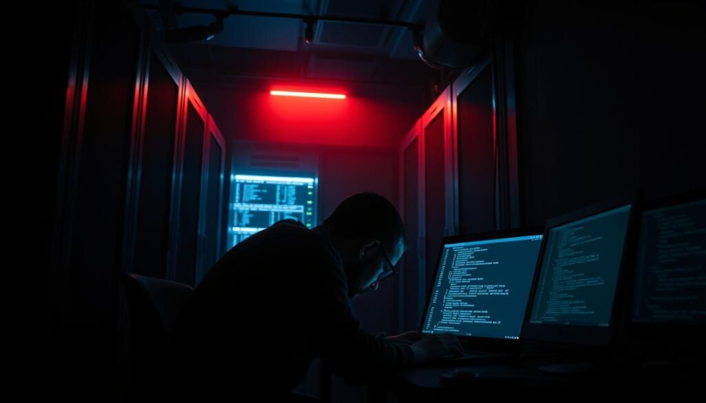 A dimly lit server room, the glow of monitors casting an eerie light. In the foreground, a figure hunched over a laptop, lines of code cascading across the screen. Shadows creep along the walls, hinting at the unseen presence of unsecured systems. The air is thick with the tension of a carefully orchestrated privilege escalation, a strategic dance through the labyrinth of Active Directory. The scene exudes a sense of danger and power, a glimpse into the world of red team tactics and the constant battle for control in the digital realm.