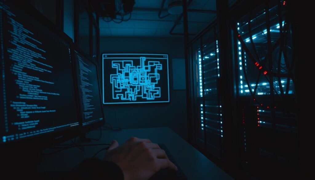 A dimly lit server room, the glow of monitors casting an eerie light. In the foreground, a hand types rapidly on a keyboard, the screen displaying lines of code - the backdoor attack process unfolding. Shadows creep across the walls, reflecting the stealthy nature of the intrusion. The middle ground reveals a network diagram, cables snaking between devices, the system's vulnerabilities exposed. In the background, a hulking server rack stands like a silent witness, its blinking lights a testament to the data at risk. The atmosphere is tense, the air thick with the weight of a digital incursion. Technical details emerge, the precise angles and lighting capturing the technical nature of the attack, while the mood conveys the gravity of the situation. A dimly lit server room, the glow of monitors casting an eerie light. In the foreground, a hand types rapidly on a keyboard, the screen displaying lines of code - the backdoor attack process unfolding. Shadows creep across the walls, reflecting the stealthy nature of the intrusion. The middle ground reveals a network diagram, cables snaking between devices, the system's vulnerabilities exposed. In the background, a hulking server rack stands like a silent witness, its blinking lights a testament to the data at risk. The atmosphere is tense, the air thick with the weight of a digital incursion. Technical details emerge, the precise angles and lighting capturing the technical nature of the attack, while the mood conveys the gravity of the situation.