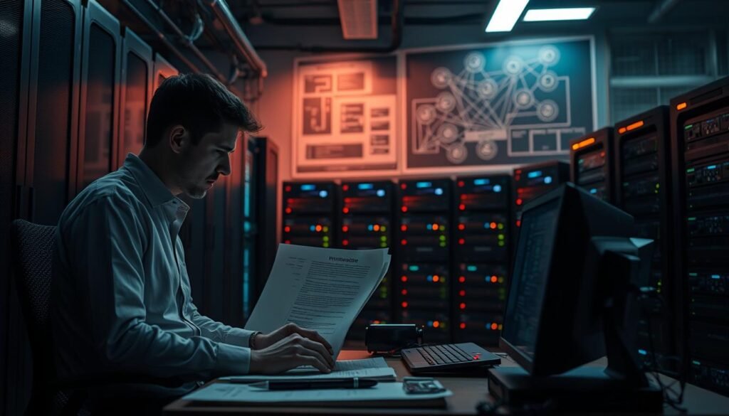 A dimly lit server room, the hum of cooling fans and the soft glow of status LEDs. In the foreground, a security analyst meticulously reviews system logs, searching for potential vulnerabilities. On the desk, a toolkit of hardening tools - firewalls, patch management software, and intrusion detection systems. The middle ground reveals a series of racks, each housing a stack of hardened servers, their configurations hardened against common attack vectors. In the background, a large network diagram adorns the wall, mapping out the secure architecture. The atmosphere is one of focused determination, as the analyst works to validate the organization's security controls and ensure the overall system hardening. A dimly lit server room, the hum of cooling fans and the soft glow of status LEDs. In the foreground, a security analyst meticulously reviews system logs, searching for potential vulnerabilities. On the desk, a toolkit of hardening tools - firewalls, patch management software, and intrusion detection systems. The middle ground reveals a series of racks, each housing a stack of hardened servers, their configurations hardened against common attack vectors. In the background, a large network diagram adorns the wall, mapping out the secure architecture. The atmosphere is one of focused determination, as the analyst works to validate the organization's security controls and ensure the overall system hardening.