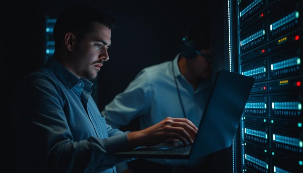 A dimly lit server room, the soft hum of machinery punctuating the silence. A technician, clad in a crisp button-down shirt, intently focused on a laptop screen, hands deftly navigating the interface. Beside them, a rack of servers, their blinking lights casting an ethereal glow. The technician's expression is one of determination, as they meticulously apply security patches, hardening the system against the ever-evolving threats of the digital landscape. The background is shrouded in shadows, emphasizing the importance of this task, a bulwark against the encroaching darkness of cyber-attacks. The scene conveys a sense of technical expertise, attention to detail, and the critical nature of maintaining a secure computing environment.