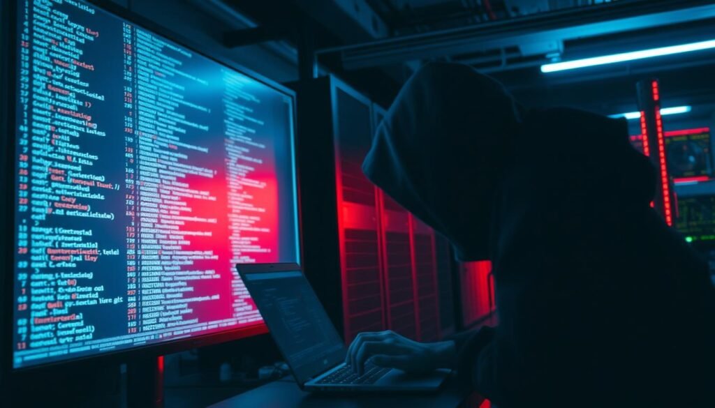 A dimly lit server room, with a large monitor displaying a terminal interface. On the screen, lines of code scroll rapidly, indicating an ongoing log analysis process. In the foreground, a shadowy figure hunches over a laptop, their fingers flying across the keyboard, desperately trying to erase their tracks. The room is bathed in a mix of cool blue and ominous red lighting, creating a tense atmosphere. The camera is positioned at a slight angle, capturing the intensity of the scene, and the lens is set to a wide aperture to blur the background, drawing the viewer's attention to the central action.