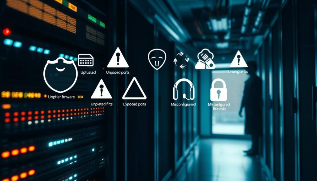A dimly lit server room, with a network rack in the foreground, displaying an array of blinking lights and cables. In the middle ground, various security icons and warning symbols hover over the rack, representing common vulnerabilities like outdated firmware, exposed ports, and misconfigured firewalls. In the background, a shadowy figure lurks, symbolizing the potential for unauthorized access. The scene is imbued with a sense of unease, highlighting the importance of proactive security measures in web platform management.