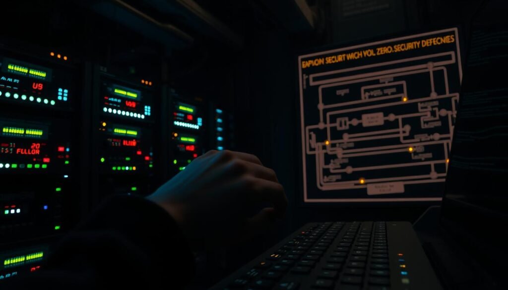 A dimly lit server room, with a rack of networked devices illuminated by the glow of blinking lights. In the foreground, a hand hovers over a keyboard, ready to deploy crucial security patches. The air is thick with a sense of urgency, as the threat of a zero-day exploit looms. In the background, a schematic diagram of the system's defenses is visible, highlighting the layered approach to security. The lighting is cinematic, casting dramatic shadows and highlighting the importance of this critical task. The scene conveys the high-stakes nature of patch management, a vital defense against the ever-evolving landscape of cybersecurity threats.
