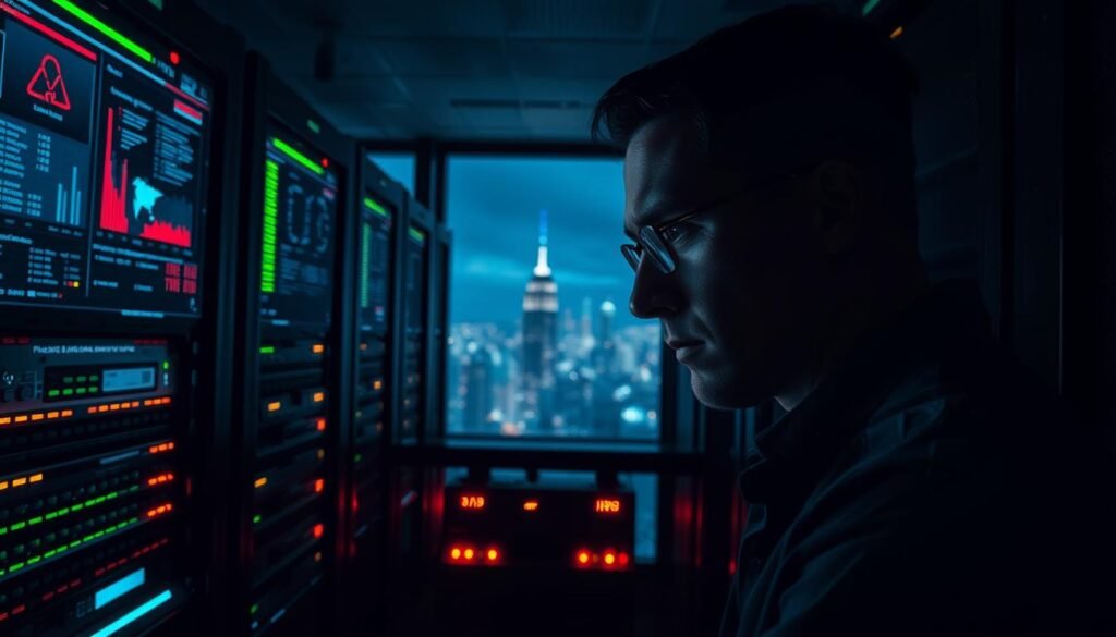 A dimly lit server room with a security monitoring dashboard displayed on multiple high-resolution screens. In the foreground, a network administrator closely examines the data, with a serious expression and intense focus. The middle ground features racks of servers and networking equipment, their LED indicator lights pulsing rhythmically. In the background, a large window offers a glimpse of a city skyline at night, the distant lights creating a sense of scale and context. The overall atmosphere is one of vigilance, technical expertise, and a heightened awareness of potential system vulnerabilities.
