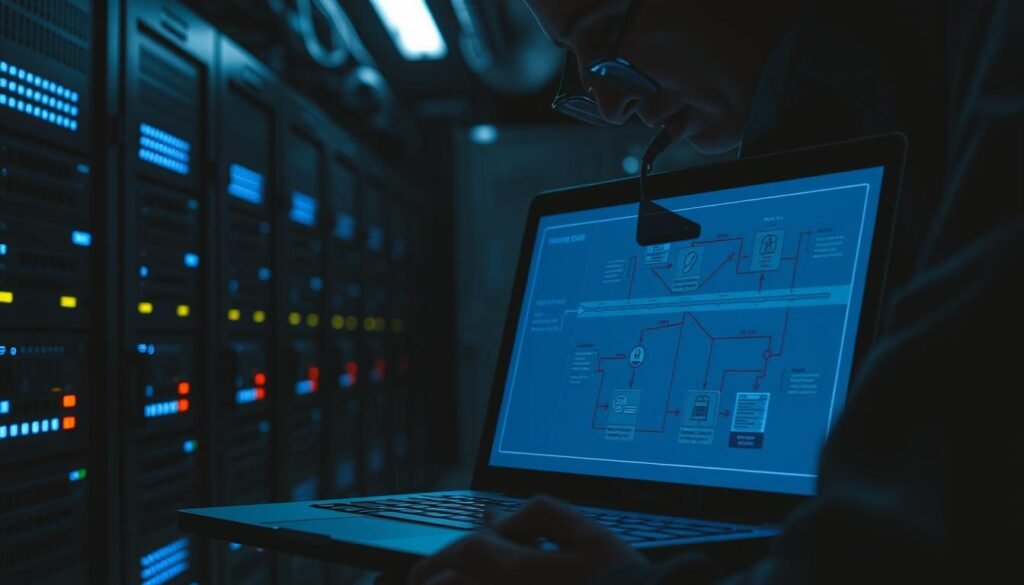 A dimly lit server room, with rows of blinking network switches and routers. In the foreground, a laptop screen displays a complex diagram depicting the SSL stripping attack process, with arrows and icons illustrating the flow of data. The screen is illuminated by a soft, bluish glow, casting dramatic shadows across the face of the security analyst intently studying the screen. The room's atmosphere is tense, conveying the gravity of the threat and the importance of thwarting these attacks. Dramatic lighting, high-contrast shadows, and technical details work together to create a visually compelling image that captures the essence of preventing SSL stripping attacks.