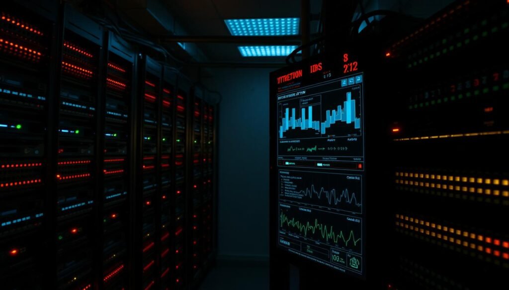 A dimly lit server room, with rows of blinking network switches and routers. In the foreground, an intrusion detection system (IDS) displays a real-time feed of network activity, highlighted by pulsing indicators and alert notifications. The IDS interface shows a detailed analysis of suspicious traffic, with graphs and visualizations that reveal potential security breaches. The room is bathed in the soft glow of LED indicators, casting dramatic shadows across the equipment. The scene conveys a sense of vigilance and the constant need to monitor and secure the network against unseen threats. A dimly lit server room, with rows of blinking network switches and routers. In the foreground, an intrusion detection system (IDS) displays a real-time feed of network activity, highlighted by pulsing indicators and alert notifications. The IDS interface shows a detailed analysis of suspicious traffic, with graphs and visualizations that reveal potential security breaches. The room is bathed in the soft glow of LED indicators, casting dramatic shadows across the equipment. The scene conveys a sense of vigilance and the constant need to monitor and secure the network against unseen threats.