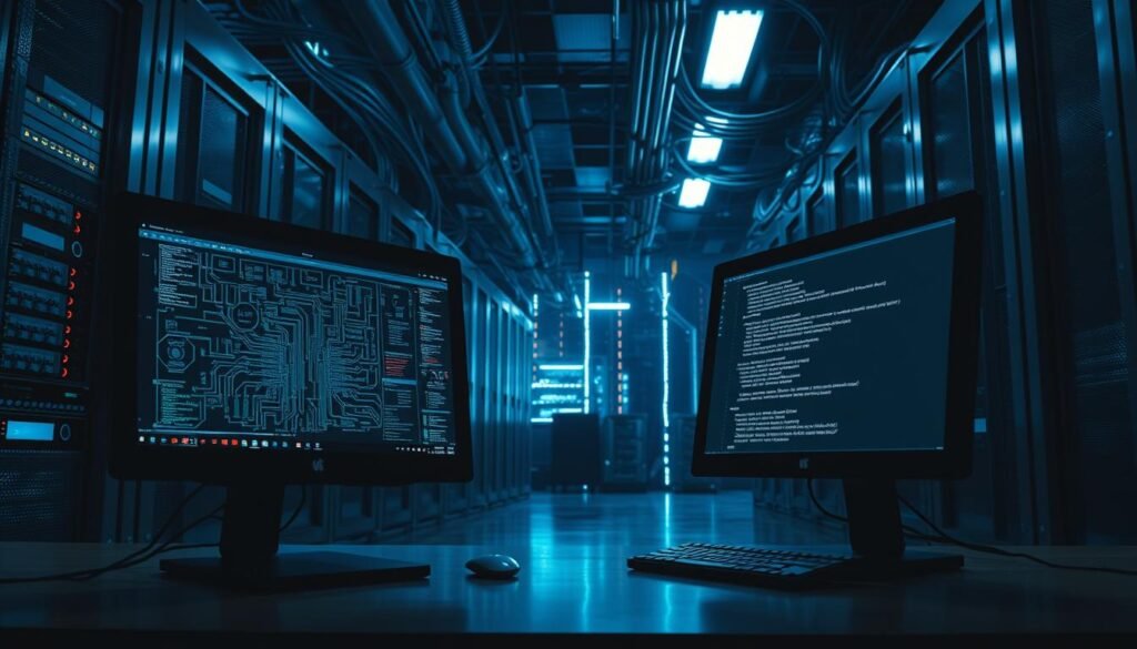 A dimly lit server room, with rows of gleaming hardware and monitors casting a soft glow. In the foreground, two contrasting computer terminals sit side by side - one running a Windows operating system, the other a UNIX-based environment. The terminals display intricate schematics and lines of code, hinting at the complex web of vulnerabilities and attack surfaces. The background is filled with a tapestry of network cables, blinking lights, and the faint hum of cooling fans, creating an atmosphere of technical depth and potential for exploitation. The scene is bathed in a cool, clinical lighting, emphasizing the technical nature of the subject matter and the importance of understanding platform nuances in the pursuit of pwnage.