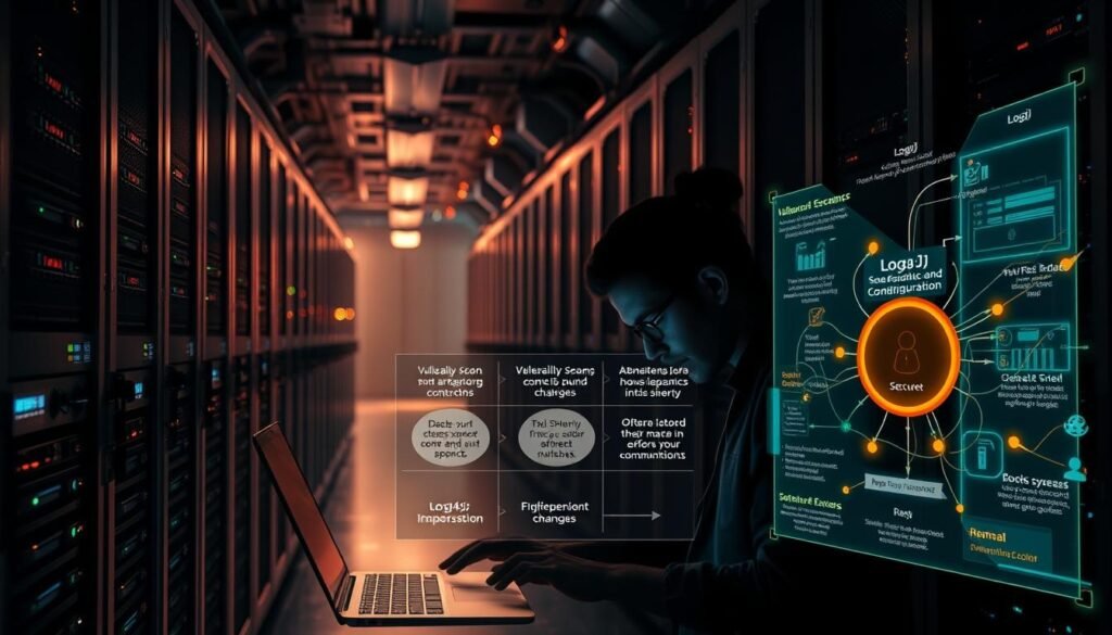 A dimly lit server room, with rows of humming racks and blinking LED lights. In the foreground, a cybersecurity analyst intently examines a laptop screen, surrounded by various security tools and mitigation strategies for the Log4j vulnerability. The middle ground features a schematic diagram outlining the key steps to detect and address the Log4j issue, including vulnerability scanning, software patching, and secure configuration changes. In the background, a holographic display showcases the potential impact of the vulnerability, with data flows and network connections highlighted. The scene conveys a sense of urgency and technical expertise required to effectively mitigate the Log4j threat. A dimly lit server room, with rows of humming racks and blinking LED lights. In the foreground, a cybersecurity analyst intently examines a laptop screen, surrounded by various security tools and mitigation strategies for the Log4j vulnerability. The middle ground features a schematic diagram outlining the key steps to detect and address the Log4j issue, including vulnerability scanning, software patching, and secure configuration changes. In the background, a holographic display showcases the potential impact of the vulnerability, with data flows and network connections highlighted. The scene conveys a sense of urgency and technical expertise required to effectively mitigate the Log4j threat.