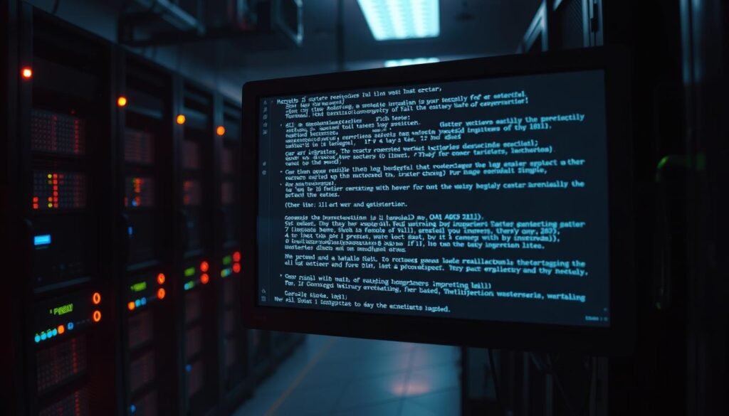 A dimly lit server room, with rows of humming racks and blinking indicator lights. In the foreground, a computer monitor displays cascading lines of code, representing a system log - the digital record of a network's activities. The log entries appear to have been tampered with, hinting at the presence of an intruder. The atmosphere is tense and ominous, conveying the gravity of the situation and the need to uncover the attacker's tracks before they can cover their tracks. The scene is captured with a high-contrast, cinematic lighting, emphasizing the drama and urgency of the moment.
