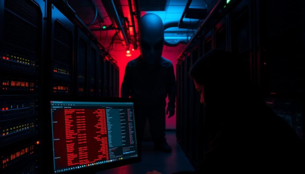 A dimly lit server room, with rows of rack-mounted network equipment bathed in an eerie glow. In the foreground, a computer screen displays a graphical user interface, revealing a landscape of open network ports, vulnerabilities highlighted in bright red. The middle ground features a cybersecurity expert, their face obscured by the shadows, intently analyzing the screen. In the background, a looming presence of the unseen, a sense of impending digital threats. The scene conveys the gravity of unprotected network ports, the need for proactive security measures to safeguard against potential breaches.