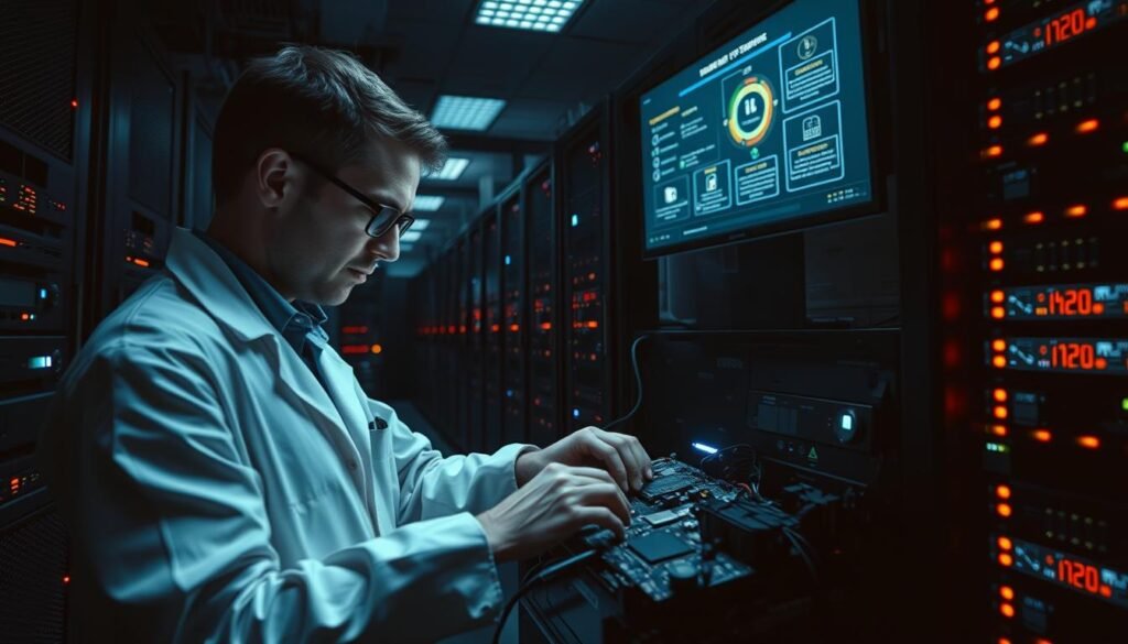 A dimly lit server room, with rows of racked computers and blinking lights casting an eerie glow. In the foreground, a technician in a crisp white lab coat examines a motherboard, tools and diagnostic screens arrayed around them. The background features a wall-mounted monitor displaying a schematic of software updates and security patches, a metaphor for the unseen work of maintaining a healthy digital ecosystem. The lighting is soft and shadows long, conveying a sense of focused, careful attention to the task at hand. The overall tone is one of diligence and proactive care, hinting at the vital importance of regular system maintenance to prevent future issues.