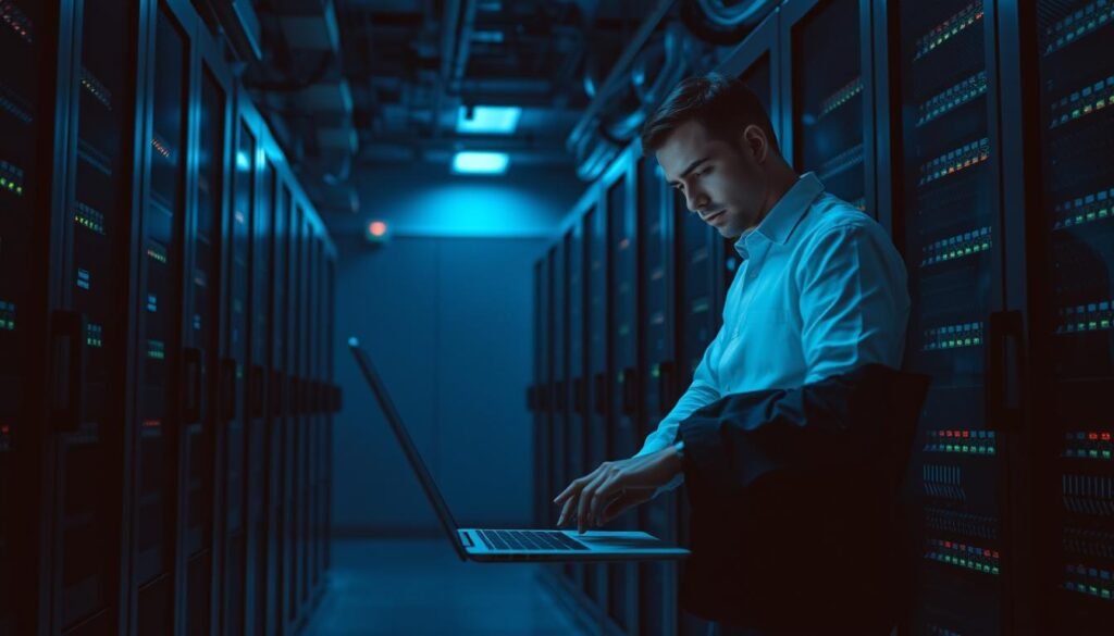 A dimly lit server room, with rows of sleek, black servers and glowing status lights. In the foreground, a technician in a crisp, white shirt and dark slacks stands before a laptop, fingers dancing across the keyboard as they implement security protocols. The air is thick with the hum of cooling fans and the faint scent of ozone. The scene is bathed in a cool, bluish light, casting long shadows and creating a sense of focus and intensity. The technician's brow is furrowed in concentration, their expression one of determination as they strive to harden the system against potential threats, ensuring the security and integrity of the critical infrastructure. A dimly lit server room, with rows of sleek, black servers and glowing status lights. In the foreground, a technician in a crisp, white shirt and dark slacks stands before a laptop, fingers dancing across the keyboard as they implement security protocols. The air is thick with the hum of cooling fans and the faint scent of ozone. The scene is bathed in a cool, bluish light, casting long shadows and creating a sense of focus and intensity. The technician's brow is furrowed in concentration, their expression one of determination as they strive to harden the system against potential threats, ensuring the security and integrity of the critical infrastructure.
