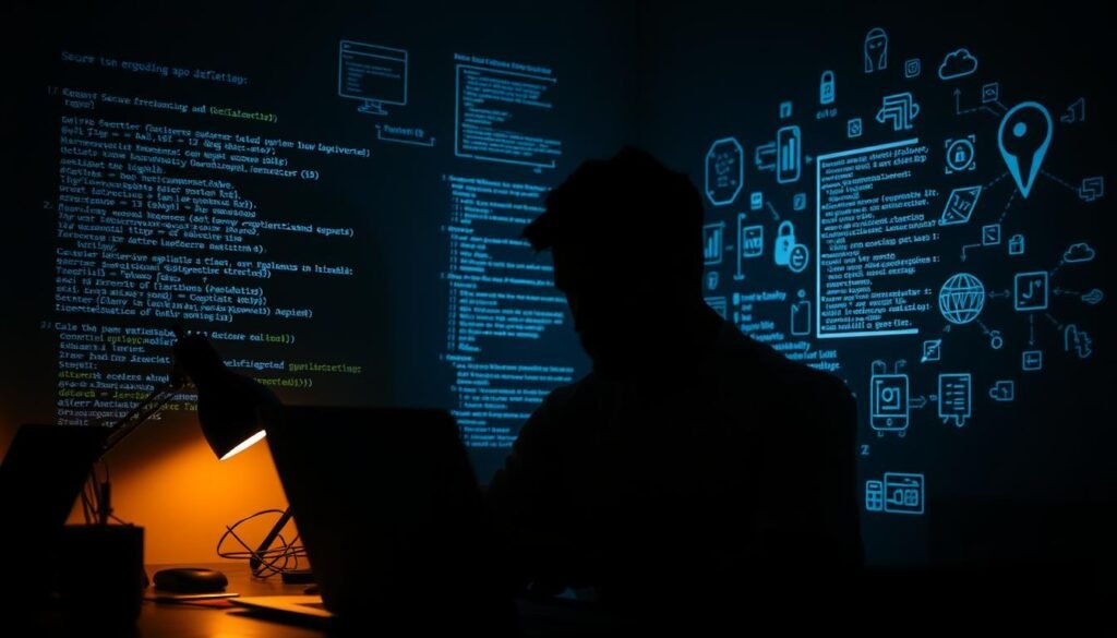 A dimly lit software development workspace, with a developer intently focused on their laptop screen. Shadowy, secure coding practices visuals - lines of code, algorithm diagrams, and cybersecurity icons - project onto the walls, creating an atmosphere of concentration and diligence. Soft, warm lighting from a desk lamp illuminates the scene, casting pensive shadows. The developer's face is obscured, emphasizing the task at hand. The overall tone is one of thoughtful, methodical software engineering, where secure coding is a central concern.