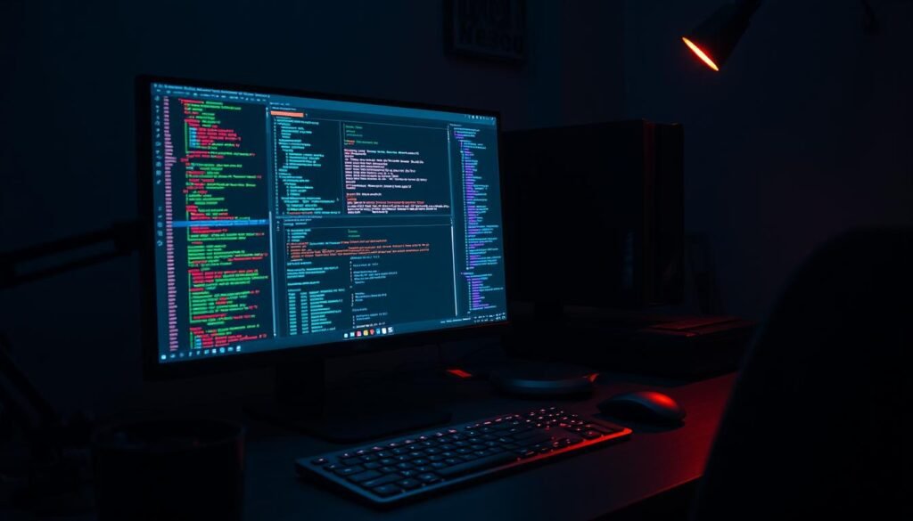 A dimly lit software engineering workstation, with a focus on the computer screen displaying log analysis data. The screen shows a terminal window with colorful lines of code, charts, and graphs, illuminating the complex analysis of system logs. The workstation is surrounded by a tidy, organized desk, with a sleek, modern keyboard and a high-quality external display providing a clear, detailed view of the log data. The lighting is subtle, casting a warm, focused glow on the workstation, creating a concentrated, analytical atmosphere. The entire scene evokes a sense of efficiency, problem-solving, and a dedication to uncovering insights from complex data. A dimly lit software engineering workstation, with a focus on the computer screen displaying log analysis data. The screen shows a terminal window with colorful lines of code, charts, and graphs, illuminating the complex analysis of system logs. The workstation is surrounded by a tidy, organized desk, with a sleek, modern keyboard and a high-quality external display providing a clear, detailed view of the log data. The lighting is subtle, casting a warm, focused glow on the workstation, creating a concentrated, analytical atmosphere. The entire scene evokes a sense of efficiency, problem-solving, and a dedication to uncovering insights from complex data.