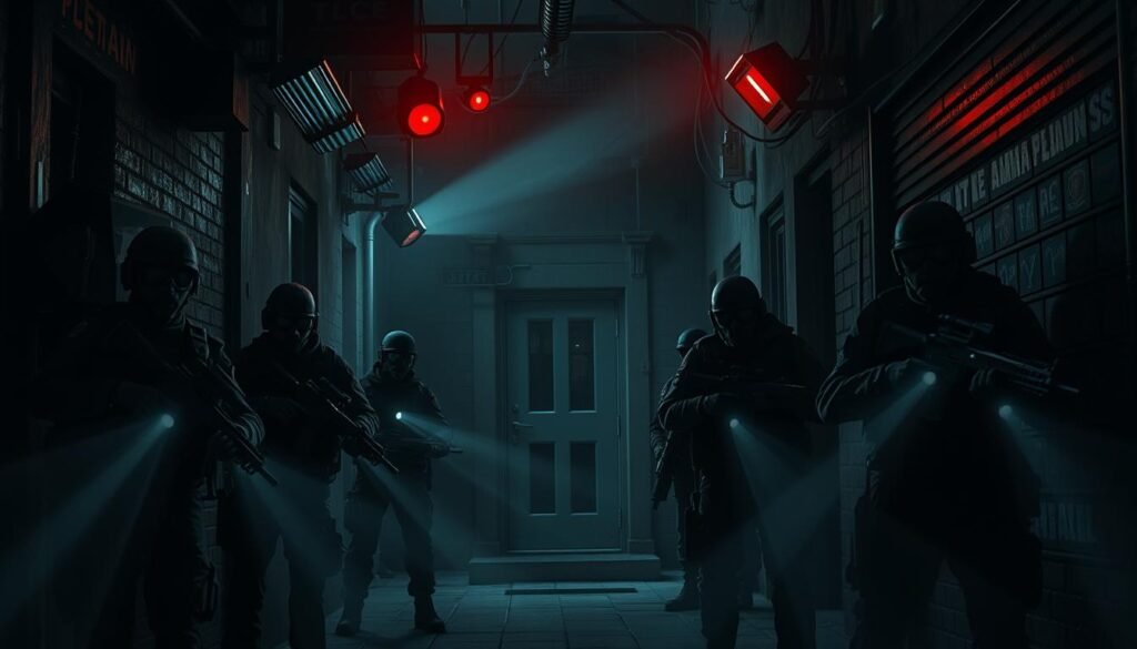 A dimly lit urban alleyway, the gritty backdrop for a tense standoff between law enforcement and shadowy figures. In the foreground, a team of specialized officers in tactical gear, weapons drawn, their faces obscured by night-vision goggles. Beams of flashlights cut through the darkness, illuminating the scene with an eerie glow. In the middle ground, the entrance to a nondescript building, a portal to the hidden depths of the dark web. Overhead, surveillance cameras capture the unfolding pursuit, their red lights blinking ominously. The atmosphere is charged with a sense of urgency, the fate of the cybercrime investigation hanging in the balance.