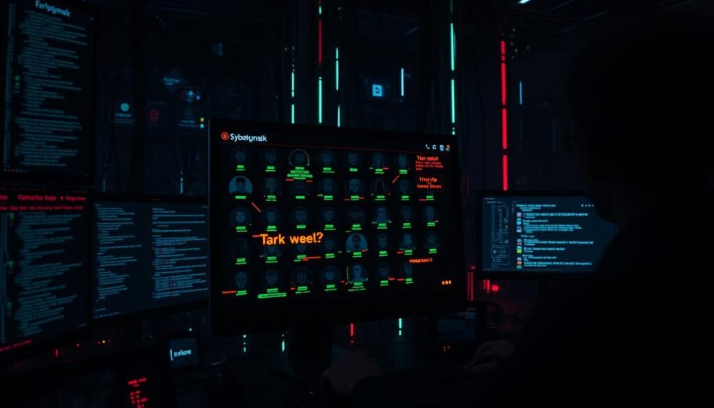 A dimly lit website interface, shrouded in an eerie, dark ambiance. The screen displays a grid of anonymous profile icons, hinting at the clandestine activities of the "dark web." Neon-colored text and symbols flash across the interface, conveying a sense of technological complexity and secrecy. In the background, a tangled web of code and data streams, illuminated by the glow of numerous monitors, creates an atmosphere of technological depth and intrigue. The scene is captured with a sharp, high-contrast lens, emphasizing the stark contrasts between light and shadow, and the overall sense of mystery and hidden dangers.