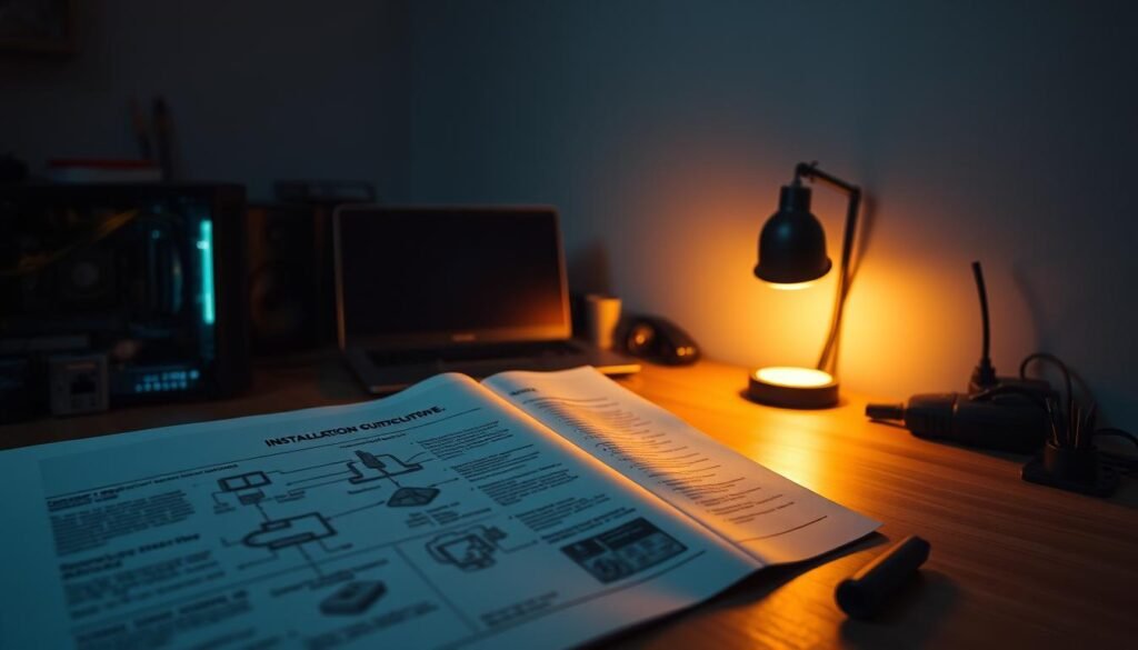 A dimly lit workspace, a laptop on a wooden desk, with various computer components and tools arranged neatly around it. In the foreground, a step-by-step installation guide displays clear instructions and diagrams, illuminated by a soft, warm light that casts subtle shadows across the scene. The background features a clean, minimalist wall, providing a clean and focused environment for the task at hand. The overall atmosphere is one of focused productivity, with a sense of order and attention to detail.
