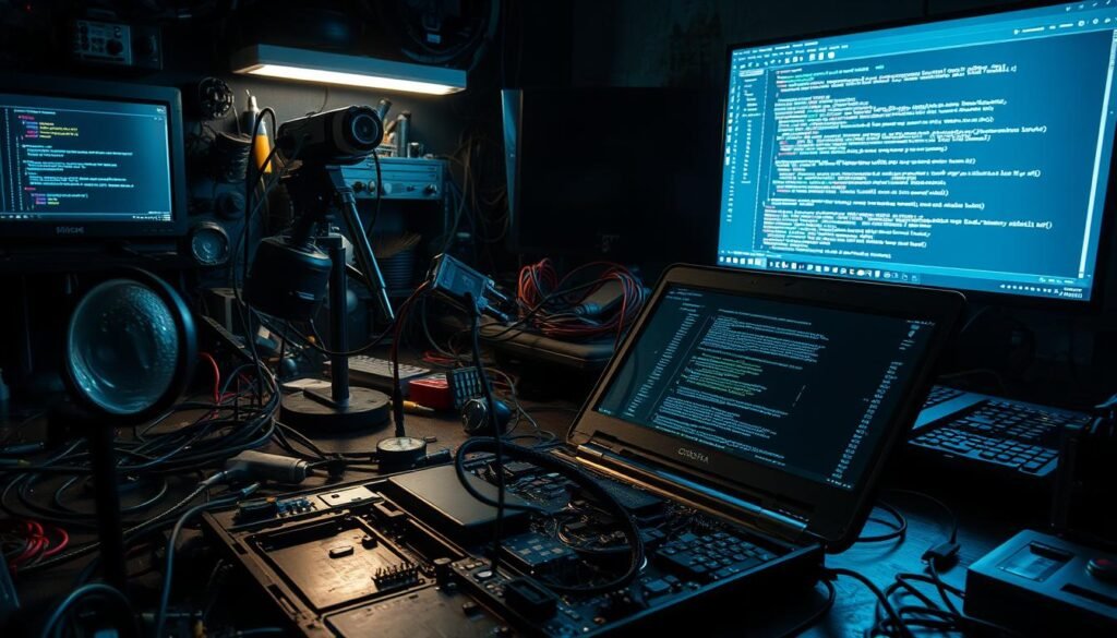 A dimly lit workspace, cluttered with an array of electronic components, cables, and specialized tools. In the foreground, a disassembled laptop, its inner workings exposed, surrounded by magnifying glasses, soldering irons, and a Ghidra interface displayed on a nearby monitor. In the middle ground, a tangle of wires and circuit boards, while in the background, a looming silhouette of an IDA Pro window projects an ominous glow. The scene conveys a sense of intense focus and analytical precision, as if the viewer is about to embark on a meticulous journey of reverse engineering a complex piece of malware.